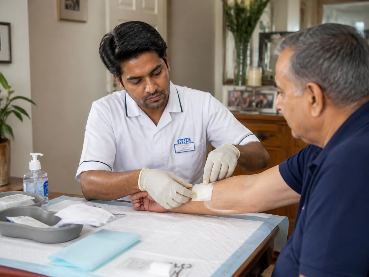 Registered nurse performing sterile wound dressing at home in Bangalore